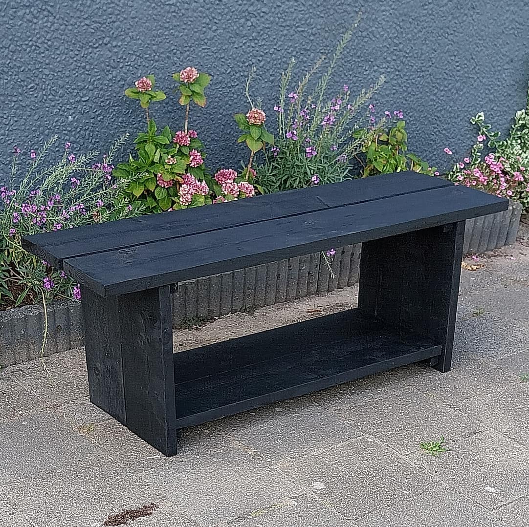 Steigerhouten Tuinbank / Plantenbank, mat zwart