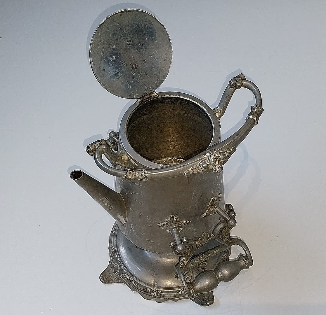 Antiek tinnen theepot met warmhouder, van begin 1900 - Afbeelding 4