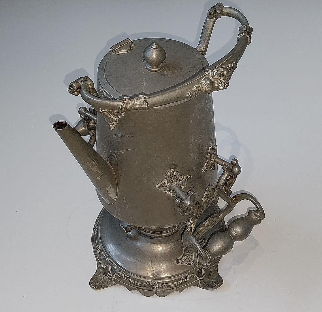 Antiek tinnen theepot met warmhouder, van begin 1900 - Afbeelding 3
