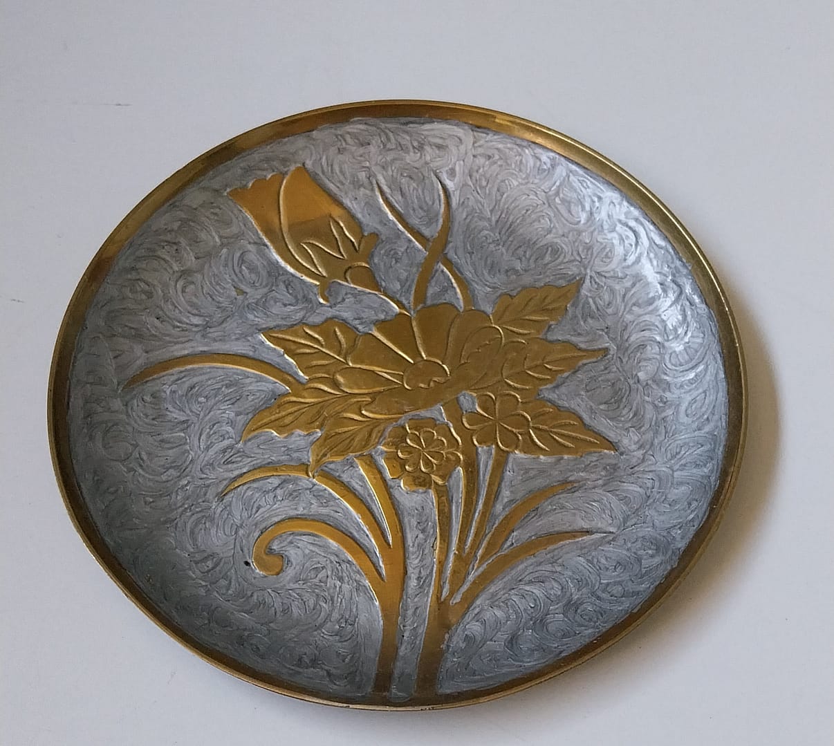 Set Messing wandborden met bloemen, zilver blauw geëmailleerd - Afbeelding 2