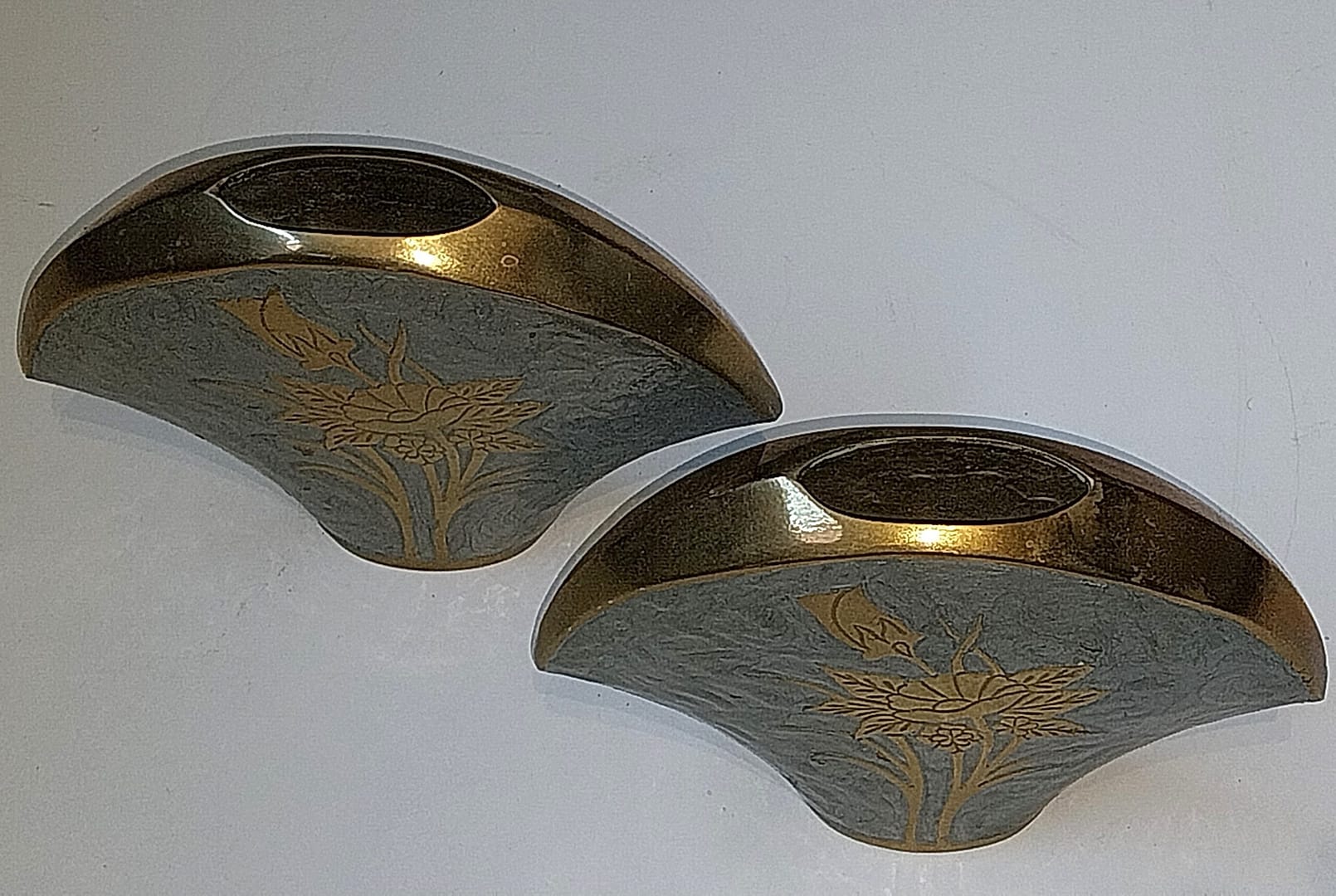 Set Messing vaasjes met bloemen, zilver blauw geëmailleerd - Afbeelding 3