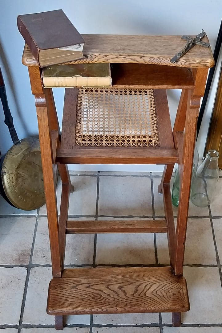 Antiek eikenhouten bidstoel, knielbankje met webbing zitting - Afbeelding 5