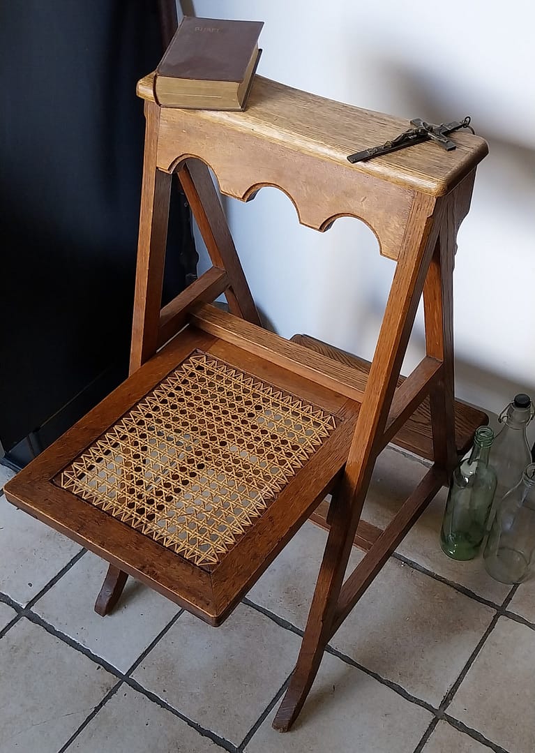 Antiek eikenhouten bidstoel, knielbankje met webbing zitting - Afbeelding 4