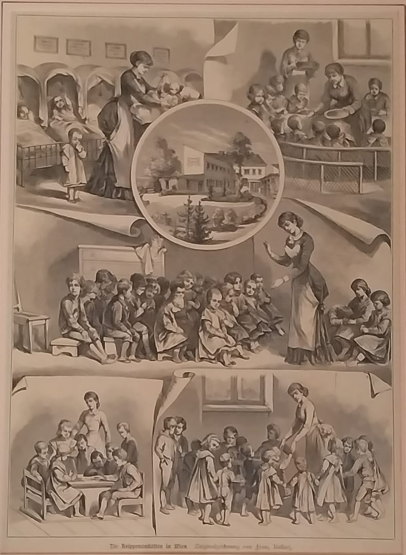 Antieke Prent Frans Kollarz, “Die Krippenanstalten in Wien" - Afbeelding 2