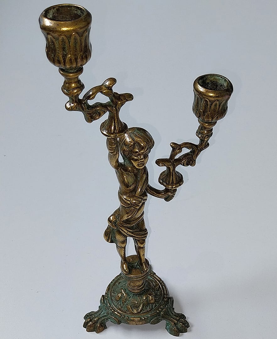Messing kandelaar met Engel en 2 gebogen armen